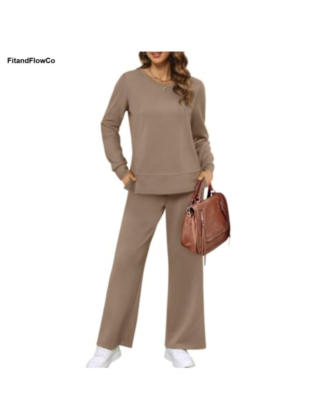 Women's 2 Piece Lounge Set Long Sleeve Side Slit Top Wide Leg Pants